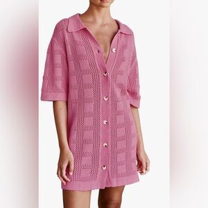 Pink Crochet Button-Front Swim Coverup